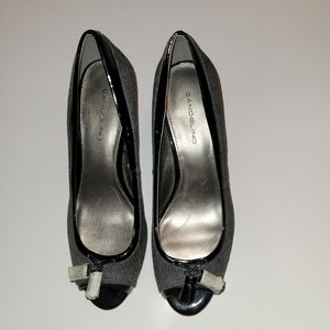 Grey and Black 2 inch Heels with Patent Leather Material on Top and Heel.